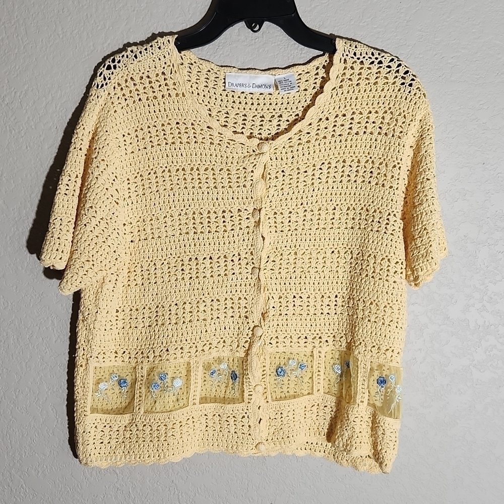 Drapers & Damons Cardigan Size L Vintage Crochet Yellow Short Sleeve Floral